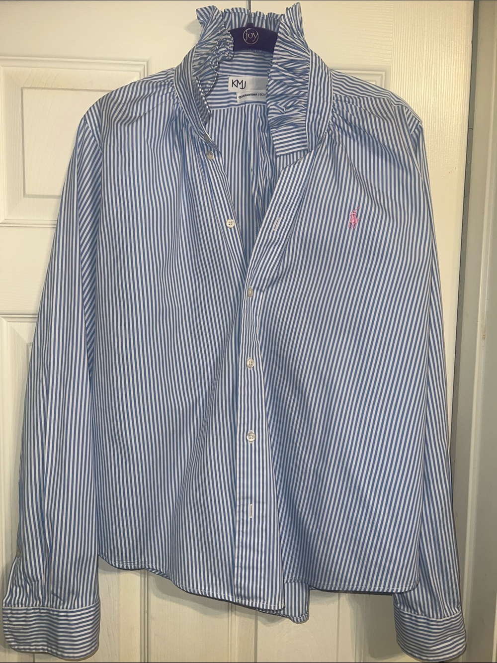 KMJ Quarantina Blue/White Striped Button-Down Ruffle Collar Polo Shirt